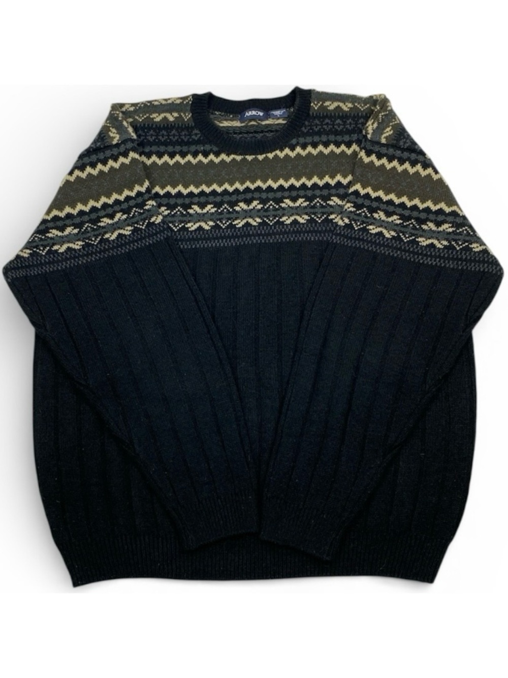 Vintage Arrow Men’s Black Fair Isle Knit Sweater Crewneck Long Sleeve Size Large